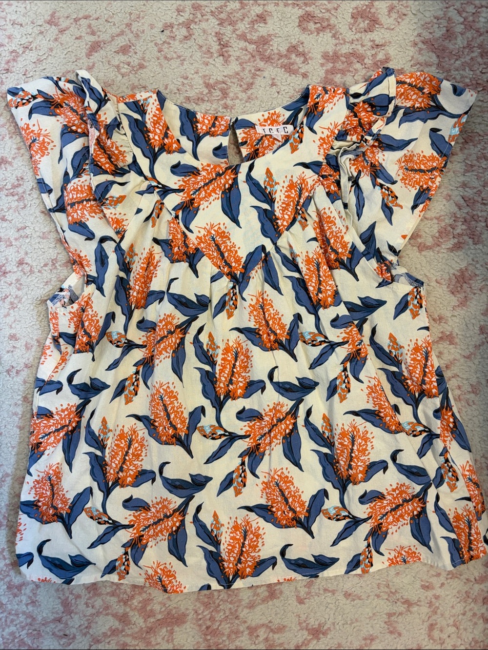 TCEC Cream Blouse with Orange and Navy Floral Print